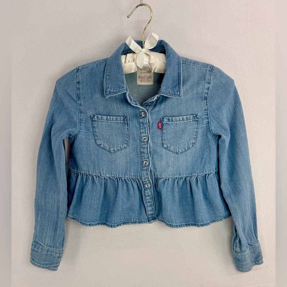 Levis Girl’s Denim Long Sleeve Ruffle Peplum Hem Button Front shirt Sz S 8-10 y